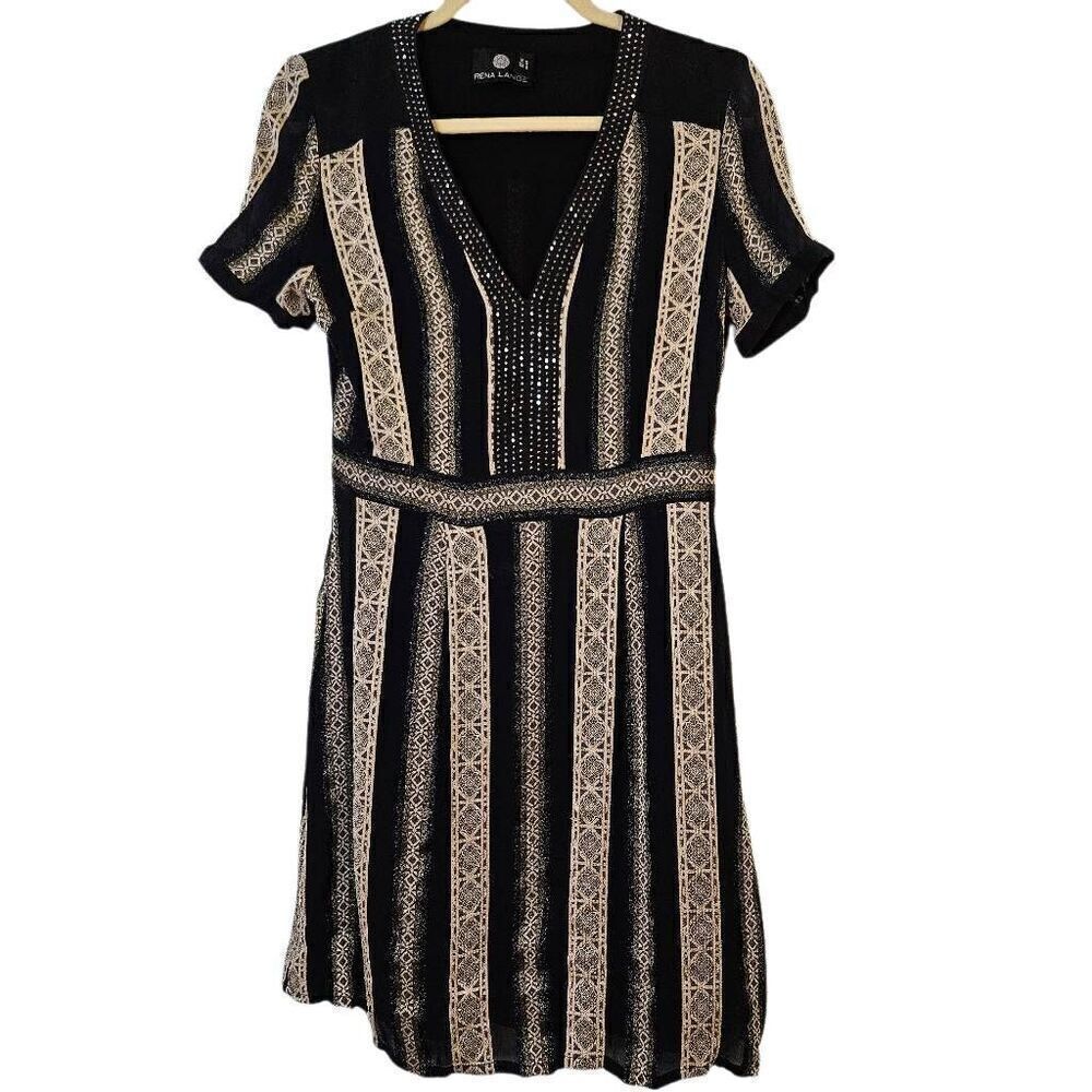 Rena Lange black and tan short sleeved lined dress.